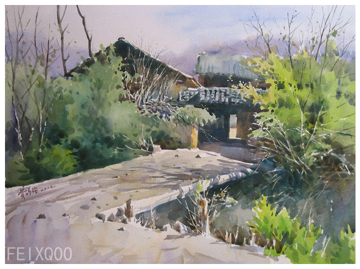 云南乡村风景水彩